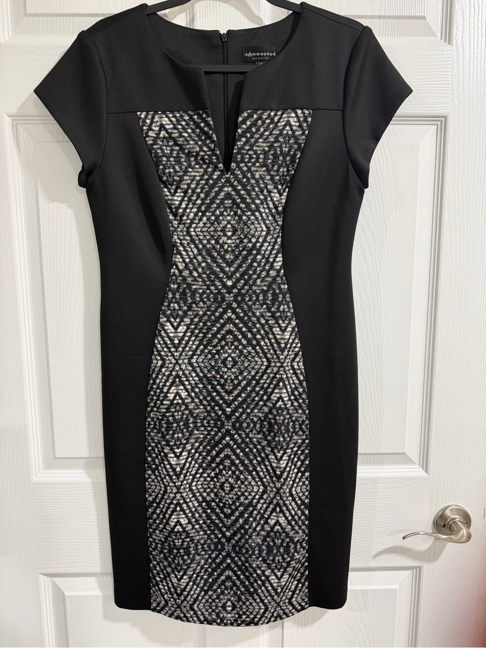 connected apparel Black Midi Sheath Dress with Patterned Front Panel